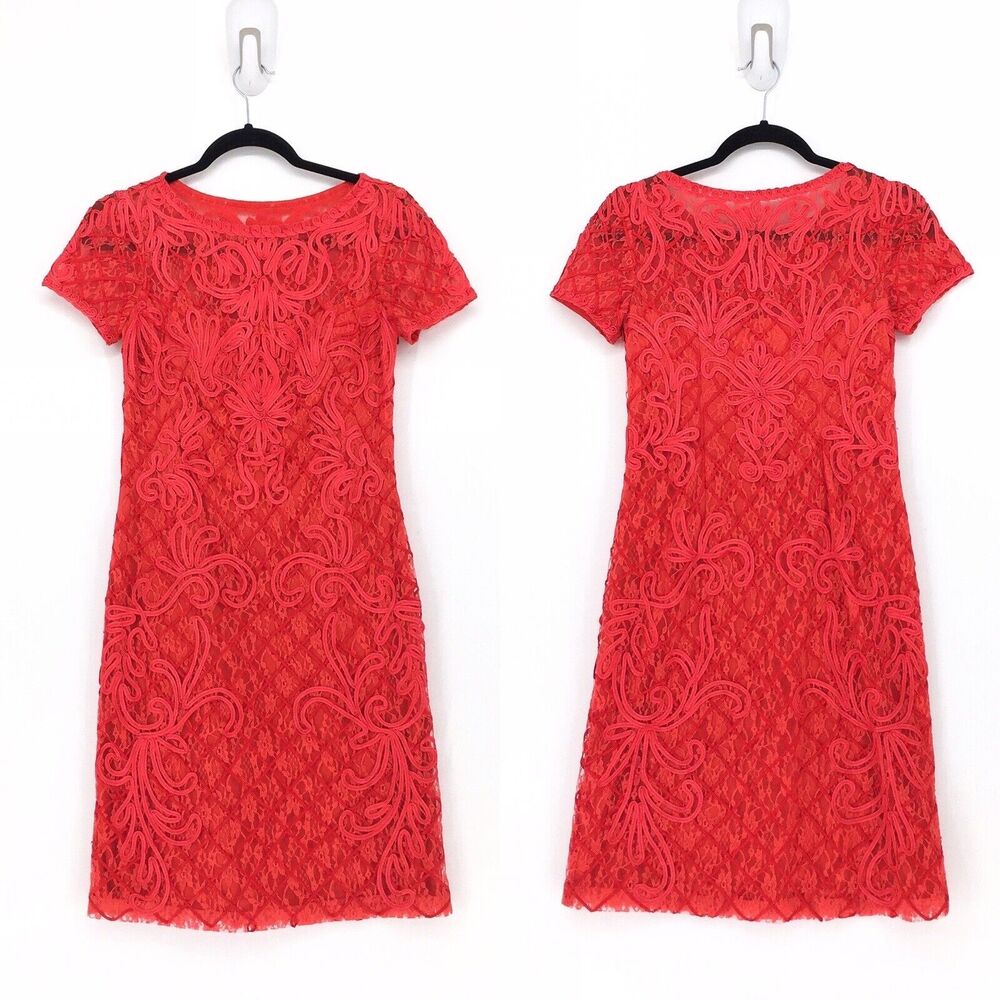 Sue Wong Women 0 Dress Red Embroidered Lace Cocktail Evening Short Sleeve
